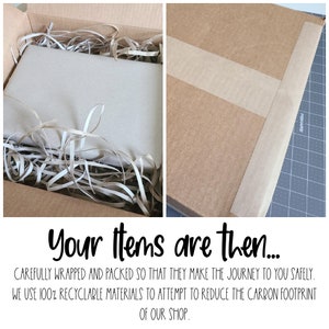 Puede incluir: Una caja de cart&oacute;n marr&oacute;n que contiene un art&iacute;culo envuelto, rodeado de relleno de papel. La caja est&aacute; sellada con cinta adhesiva. El texto de la imagen dice: "Sus art&iacute;culos son entonces... CUIDADOSAMENTE ENVUELTOS Y EMPAQUETADOS PARA QUE HAGAN EL VIAJE DE FORMA SEGURA. UTILIZAMOS MATERIALES 100% RECICLABLES PARA INTENTAR REDUCIR LA HUELLA DE CARBONO DE NUESTRA TIENDA."