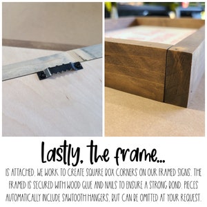 Puede incluir: Primer plano de un letrero enmarcado de madera. El marco es de color marr&oacute;n oscuro con esquinas cuadradas. Un colgador de dientes de sierra negro est&aacute; sujeto a la parte posterior del letrero. El texto "Lastly, the frame..." es visible.
