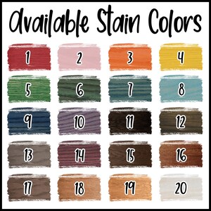 May include: Image displaying a color chart labeled "Available Stain Colors." Twenty rectangular swatches showcase various wood stain hues, each numbered. Colors range from reds and pinks to greens, blues, browns, and yellows, offering a diverse selection for wood finishing projects.
