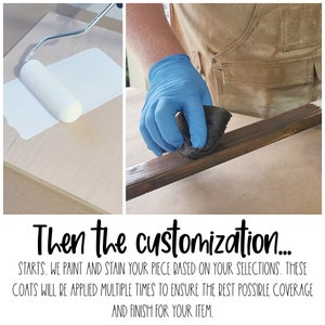 Puede incluir: Imagen de dos paneles que muestra la personalizaci&oacute;n. Un panel muestra un rodillo aplicando pintura blanca sobre madera. El otro muestra una mano enguantada ti&ntilde;endo una viga de madera. Texto: "Then the customization..."