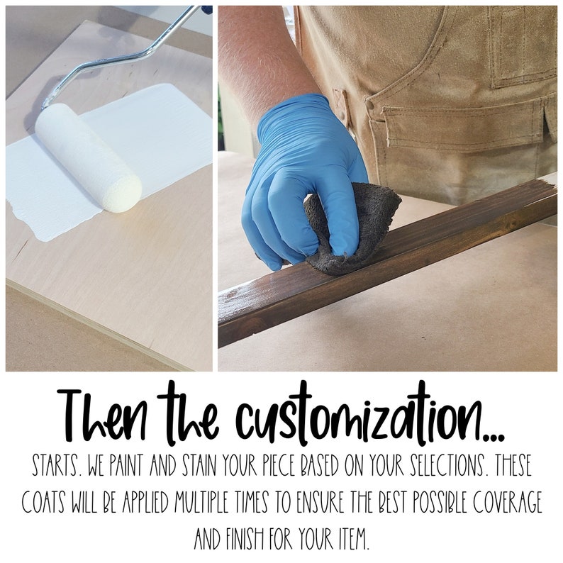 Puede incluir: Imagen de dos paneles que muestra la personalizaci&oacute;n. Un panel muestra un rodillo aplicando pintura blanca sobre madera. El otro muestra una mano enguantada ti&ntilde;endo una viga de madera. Texto: "Then the customization..."