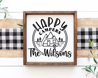Personalized Happy Campers Farmhouse Sign: Custom Wood Camper Decor