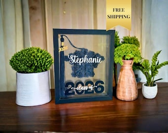 Personalized Graduation Tassel Shadow Box | Class of 2026 Flower Keepsake Frame | Custom Grad Gift | College or High School Graduate Decor