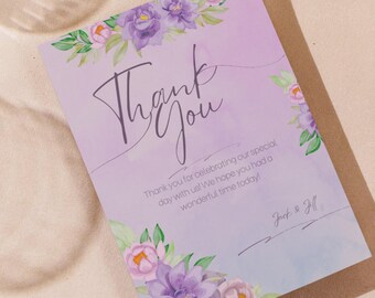 紫と緑の花の「ありがとう」デジタルダウンロード可能印刷可能招待状