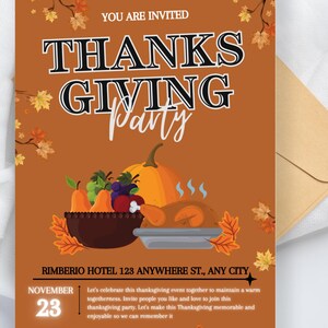 Digital Orange Leaf Thanksgiving Party Printable Invitation