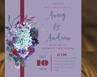 Digital Purple and Blue Flower Downloadable and Editable Card Invitation