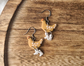 Gold Chicken in white boots earrings | handmade polymer clay | hypoallergenic stainless steel dangles | perfect gift for crazy chicken lady!