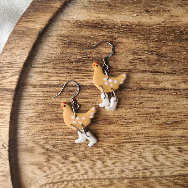 Gold Chicken in white boots earrings | handmade polymer clay | hypoallergenic stainless steel dangles