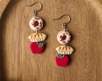 Apple Orchard Dangle Earrings: Polymer Clay Apple Pie Donut Dangles