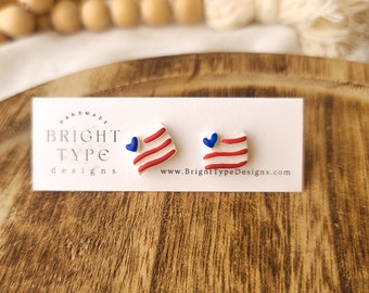 Patriotic USA Flag earrings, red white and blue polymer clay, hypoallergenic stainless steel, summer studs.