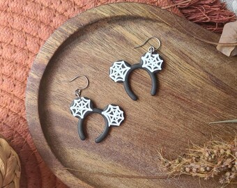 Spooky Cute Spiderweb Mouse Ears, handmade Halloween polymer clay ears, black and white earrings, hypoallergenic sensitive ear fall dangles
