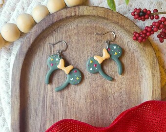 Green Mouse Ears, Cute polymer clay earrings, festive hypoallergenic stainless steel dangles, green, red, and gold