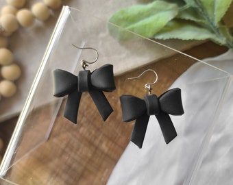 3D black bows with silver lightweight dangle earrings | handmade polymer clay | hypoallergenic stainless steel  | gifts for her