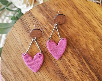 Fuschia Pink Heart Dangle Earrings: Handmade Polymer Clay, Stainless Steel