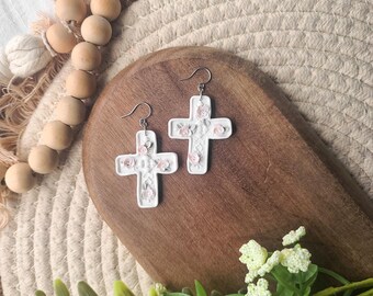Delicate White or Pink Cross Floral Earrings, handmade polymer clay, hypoallergenic stainless steel dangles, perfect for neutral spring