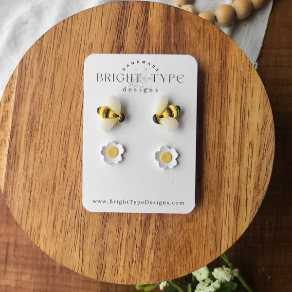 Honeybees and Daisy stud earrings | handmade polymer clay | hypoallergenic stainless steel 3d pollinators and flowers