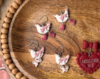 White Heart Chicken in Pink Boots earrings for Valentine's Day, handmade polymer clay, hypoallergenic stainless steel dangles