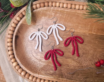 Red and White Clay Bow Earrings| Cute polymer clay holiday dangles, hypoallergenic stainless steel