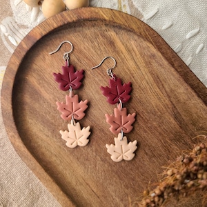 Fall maple leaf dangles, go with everything, handmade polymer clay, burgundy, peach, cream, hypoallergenic earrings for sensitive ears