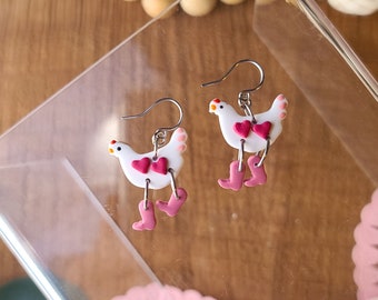 White Valentines Chicken in pink boots earrings | heart accents! handmade polymer clay | hypoallergenic stainless steel dangles