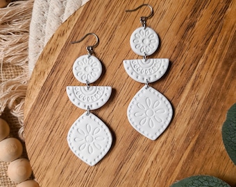 White lightweight dangle earrings, handmade polymer clay, hypoallergenic stainless steel, perfect neutral gift for her