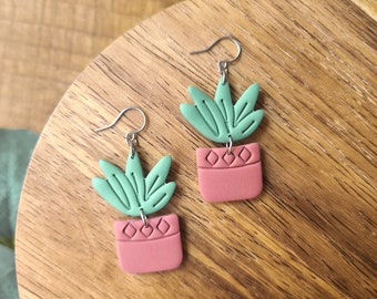 Terracotta & green succulent Earrings | handmade polymer clay | hypoallergenic stainless steel dangles | perfect neutral accessory