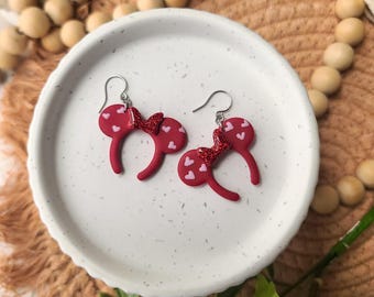 Red Mouse Ears, Cute polymer clay earrings, festive hypoallergenic stainless steel dangles, red and pink hearts