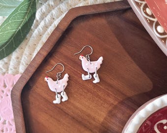 Pink Love Chicken in White Boots earrings, Pink and white for Valentine's Day, handmade polymer clay, hypoallergenic stainless steel dangles