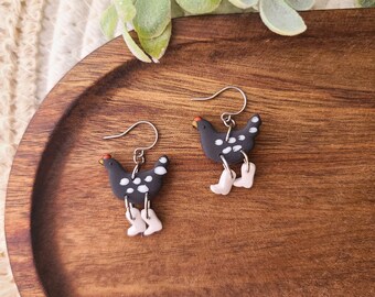 Black Chicken in white boots earrings | handmade polymer clay | country farm stainless steel dangles | perfect gift for crazy chicken lady