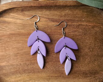Ombre Purple and Silver lightweight dangle earrings, handmade polymer clay, hypoallergenic stainless steel dangles, three shades of purple