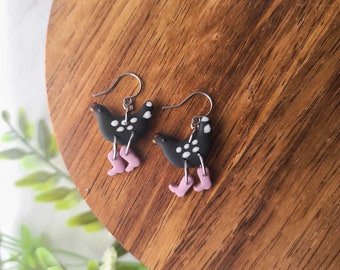 Black Chicken in pink boots earrings | handmade polymer clay | country farm themed stainless steel dangles