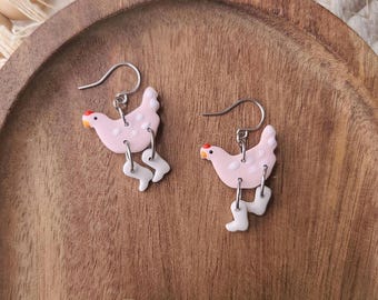 Pink Chicken in white boots earrings. Handmade polymer clay dangles. Perfect gift for crazy chicken lady or Valentine's Day!