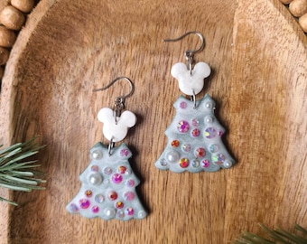 Rhinestone Mouse Trees, Cute polymer clay earrings, festive hypoallergenic stainless steel dangles
