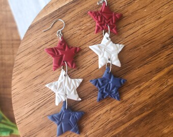 Patriotic Star Earrings, Red White and Blue USA Dangles, polymer clay, hypoallergenic stainless steel, summer dangles