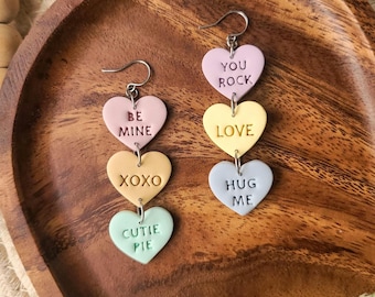 Conversation Heart Dangles, lightweight polymer clay Valentine's Day earrings, pastel colors and stainless steel
