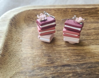 Beautiful Pink Book Stack Dangle Earrings! Handmade polymer clay earrings with flowers, perfect for book lovers