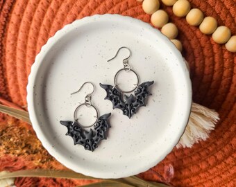 Beautiful Black Bat Earrings, black floral Halloween dangle for fall, handmade polymer clay, hypoallergenic stainless steel dangles