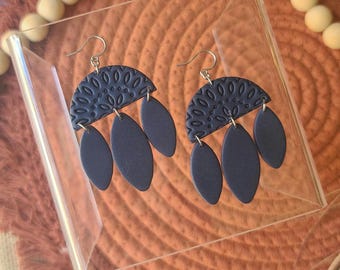 True Navy Blue  statement dangle earrings, handmade polymer clay, hypoallergenic stainless steel dangles