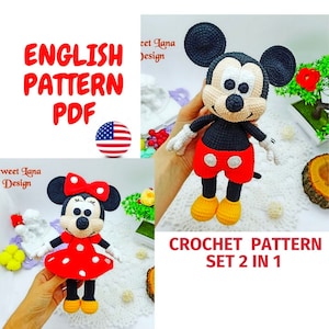 Set 2 in 1 crochet pattern, two mice Amigurumi Crochet Pattern, mouse boy in shorts, Mouse girl in dress and bow