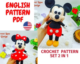 Set 2 in 1 crochet pattern, two mice Amigurumi Crochet Pattern, mouse boy in shorts, Mouse girl in dress and bow