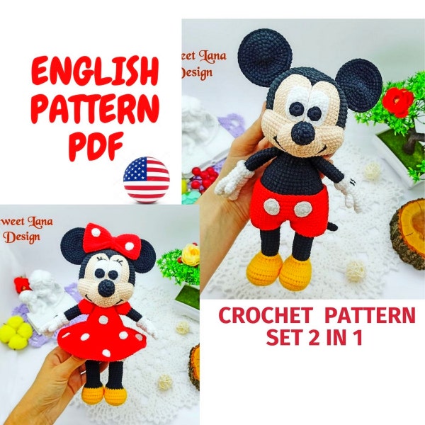 Ensemble 2 en 1 motif au crochet, deux souris modèle au crochet Amigurumi, souris garçon en short, souris fille en robe et noeud