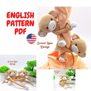 May include: Crochet pattern for a cute monkey curtain tie. The pattern is available in English and includes instructions for making the monkey with a long tail that wraps around the curtain rod. The pattern is available as a PDF download.