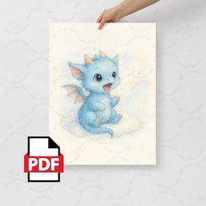 Cute Baby Dragon Poster DIGITAL – Whimsical Watercolor Illustration | Nursery Wall Art, Newborn Gift, Fantasy Kids Room Decor
