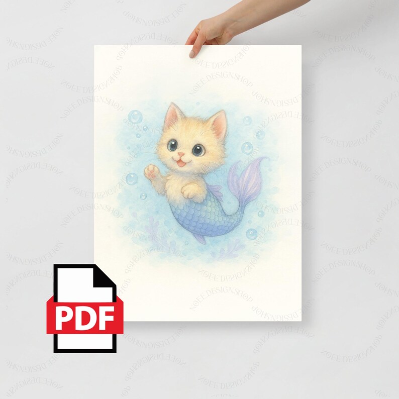 Cute Mermaid Kitten Poster DIGITAL – Whimsical Watercolor Illustration ...