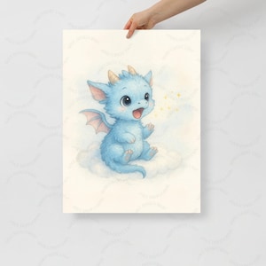 Cute Baby Dragon Poster – Whimsical Watercolor Illustration | Nursery Wall Art, Newborn Gift, Fantasy Kids Room Decor