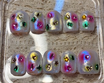 Iridescent neon Press On Nails |  Extra Short Square Nail Set