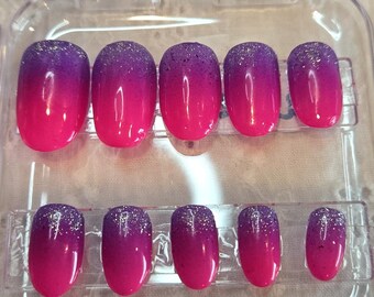 Pink Purple Glitter Ombre Press On Nails | Summer Small Square Fun Nail Set