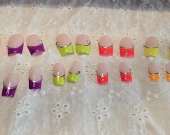 Neon French Tip Press On Nails | Bright Summer Square Nails