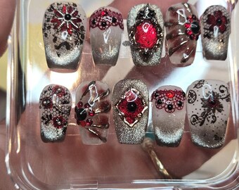 Small coffin Press On Nails | Metallic gem Glam Chrome Set