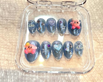 Handmade Blue Kirby Press On Nails | Kawaii Inspired Short Almond Nail Set